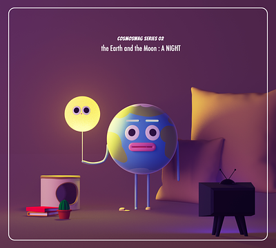 the Earth and the Moon : A NIGHT 3d 3d character 3d model astronomy character design comic cozy cute earth graphic design humor illustration joke light moon night science soft space universe