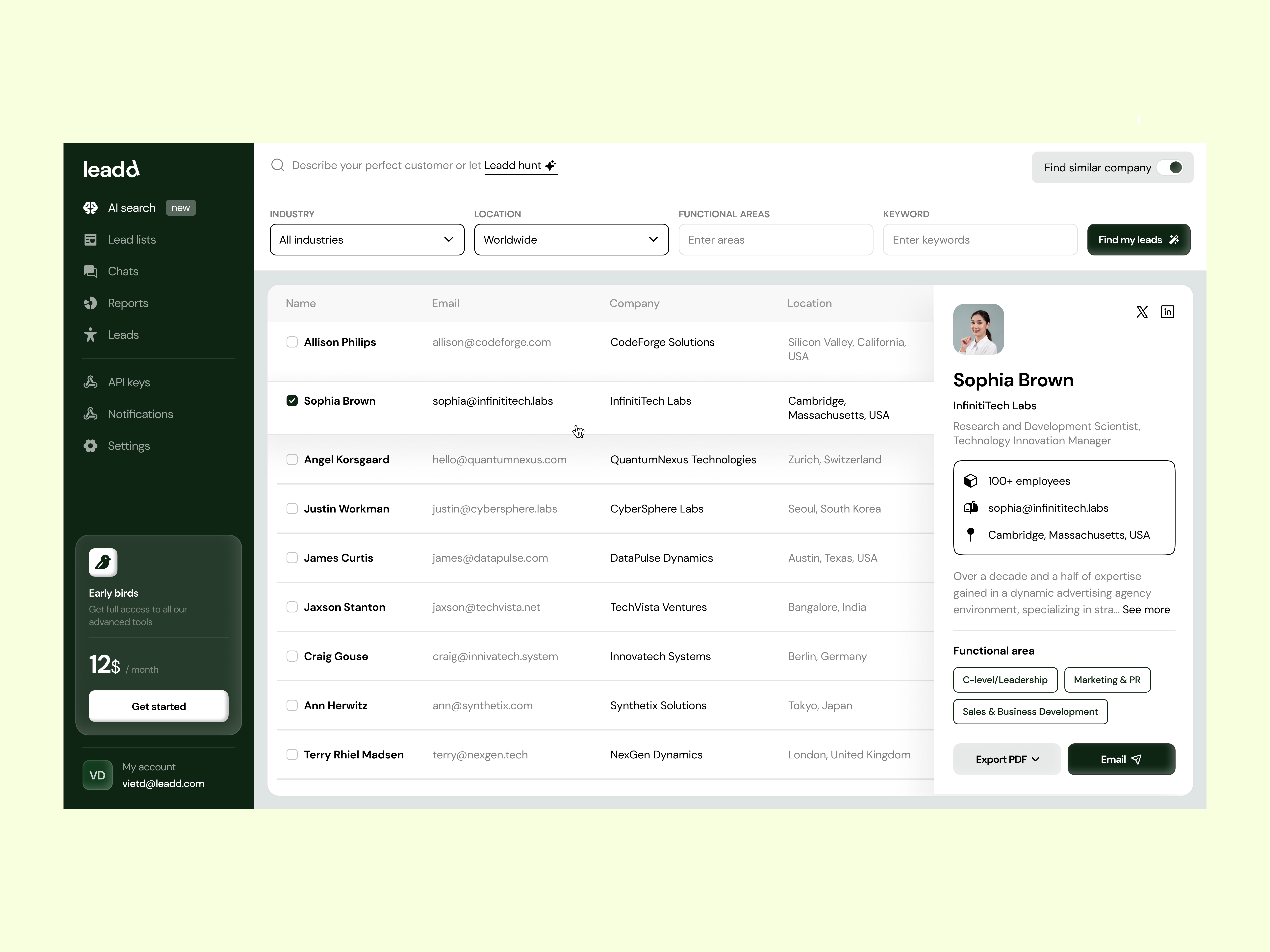 AI Lead Generation Solution: Dashboard, AI tool ai app ui artificial intelligence artificialinlelligence assistant business dashboard dashboard ui database datascience lead lead generation machine learning main screen platform ui table uiux web app