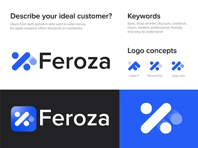 Feroza (F+%) Logo Design for Discount, cashback, save money brand identity branding business sale logo cashback logo creative logo design discount logo ecommerce logo geometric logo graphic design illustration letter f logo logo logo design logo designer logotype save money loog symbol unused logo