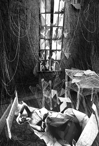 The House of Cobwebs. Book illustration an old house black and white illustration book illustration character design collage digital collage disease fiction monochrome poverty writer