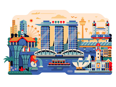 Travel Singapore Scene art print cityscape flat design illustration landmarks poster scene singapore skyline travel vector
