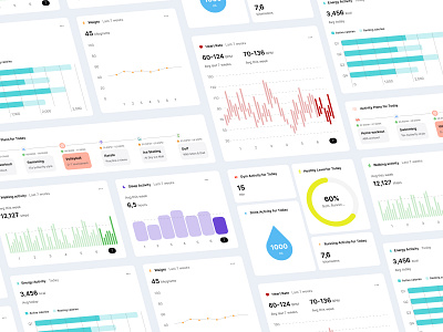 Health Dashboard Components activity body calories dashboard design energy fitness graphic design health healthcare heart interface lifestyle rating sport ui