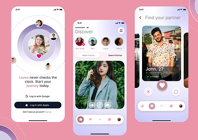 Dating mobile app branding dating app design finding partner friends making logo love love journey mobile app mobile screens screens searching partner technology ui