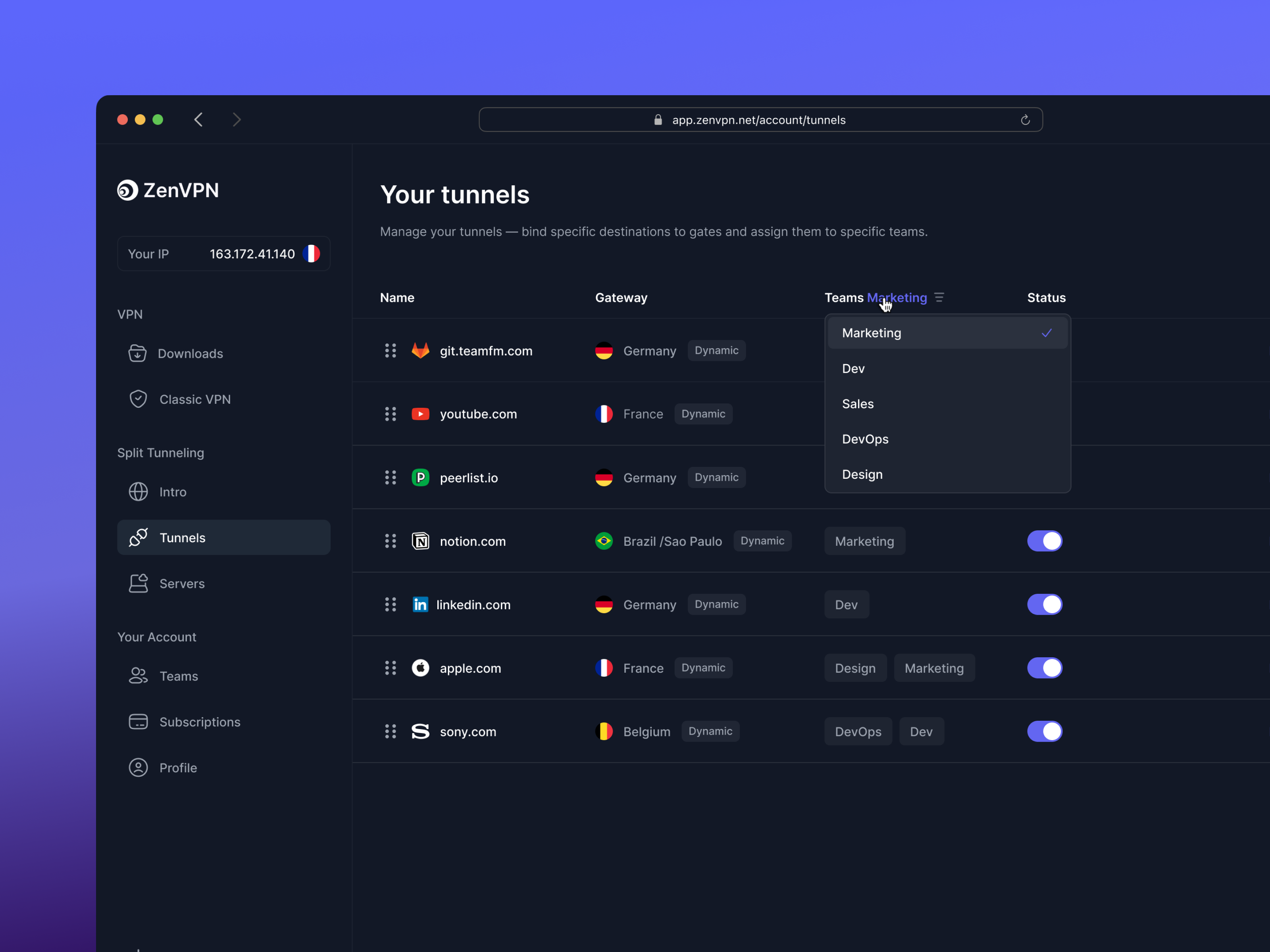 ZenVPN Tunnels application branding clean ui cyber security dark dashboard design desktop interface ios ip minimal mobile app platform product design security tunnel ui vpn zenvpn