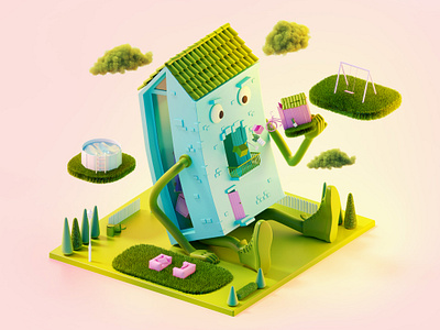 Hungry home 3d 3d art abstract cartoon character design home illustration low poly lowpoly miimalistic ui