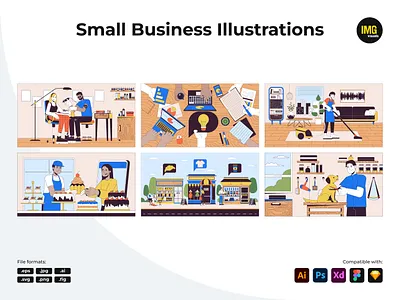 Small Business Vector Illustrations ai baker business business characters business illustrations character character illustration cleaning eps grooming illustration linear shop small business svg tattooist vector vector character vector illustration work desk