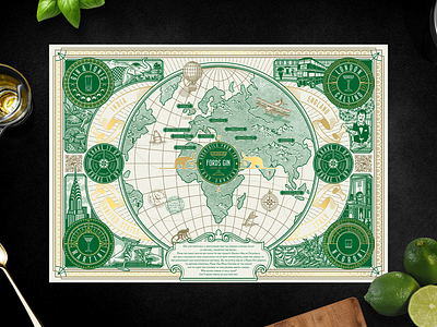 Fords Gin - Tasting Map artwork branding chart design drawing gin globe graphic design illustration map print vintage world