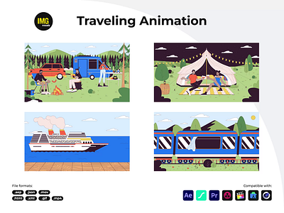 Traveling Animated Illustrations animated character animated illustration animation camping character animation cruise forest gif illustration json lottie motion design motion graphics mov mp4 tourism train travel traveling