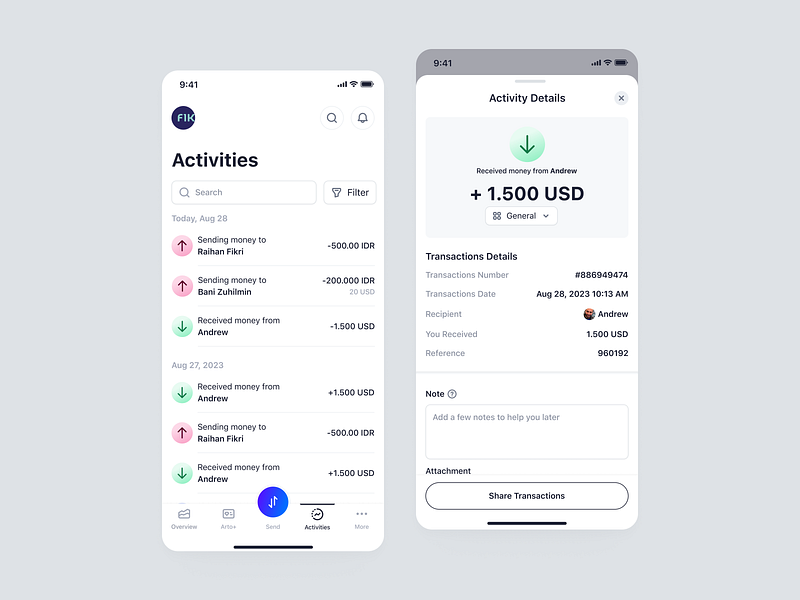 Arto Plus Mobile - Activities for Receiving Money activities app finance management mobile payment product design request money saas transactions ui ux