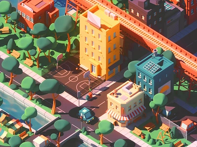 City Sunset (Revival) 3d animation architecture buildings c4d cinema4d city illustration isometric loop octane sunset train transports