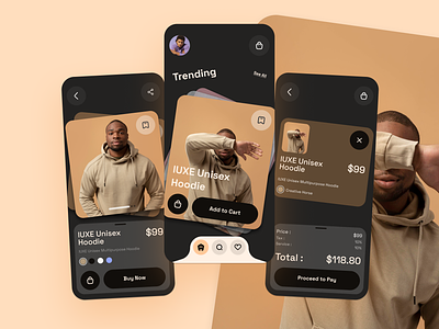 Next-Gen Shopping App Concept: Ecommerce Redefined! beige cards concept dark mode ecommerce grey tones hoodie ios minimal shopping cart trending