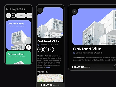 Foldable Real Estate Concept App: Explore Your Dream Home! abstract shapes black buy dark mode maps minimal pixel fold properties real estate rent samsung fold trendy ui villa