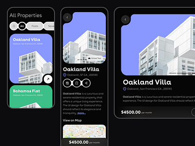 Foldable Real Estate Concept App: Explore Your Dream Home! abstract shapes black buy dark mode maps minimal pixel fold properties real estate rent samsung fold trendy ui villa