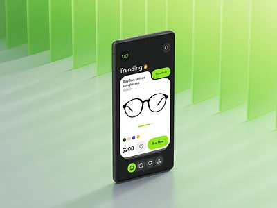 Shade Up: See the World through Trendy Frames! app cards cart dark background glass green lens minimal mockup neon shopping sunglasses trendy ui