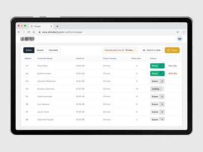 Waitlist Management - Restaurant check in checkin components design food ipad minimal design order pos product design restaurant pos ui ux ux design waiter app waitlist waitlist management