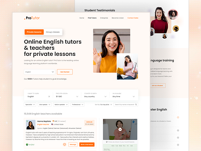 ProTutor - Online Learning Website class course design english figma filter header homepage landing page design language learning learning lesson orange teacher teaching tutor ui ux