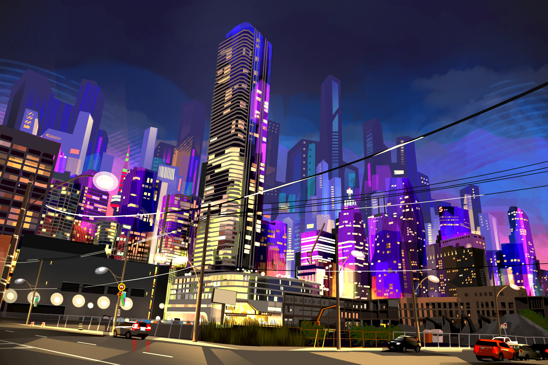 Building a city build city colourful construction illustration lights night print toronto vector