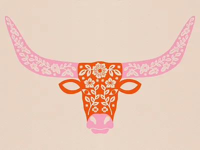 Floral Longhorn animal cow floral flowers illustration longhorn nature orange pink texan texas western