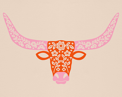 Floral Longhorn animal cow floral flowers illustration longhorn nature orange pink texan texas western
