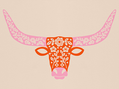 Floral Longhorn animal cow floral flowers illustration longhorn nature orange pink texan texas western