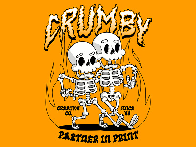 Partner in Print 1988 88 bones branding creative crumby crumby creative flames illustration partner print punk screen printing skeleton skull vector art