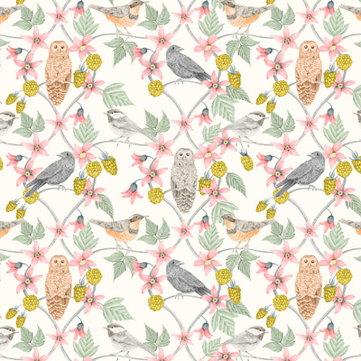 Avian Elegance: A Botanical Symphony artistic bird wallpaper berry and bloom pattern botanical bird pattern botanical garden theme elegant natural background floral avian illustration garden wildlife wallpaper hand drawn bird illustration nature inspired textile design ornithological artwork owl and songbird art pastoral bird drawing pink flowers pattern seamless nature design soft color home decor spring blossom motif tranquil nature scene vintage bird print whimsical fauna fabric woodland creature textile