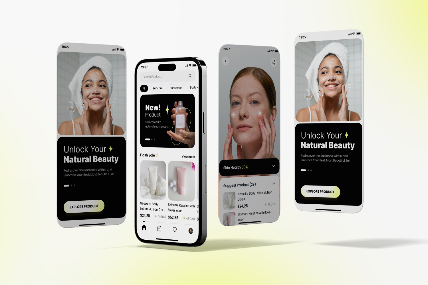 Skincare Mobile App beauty branding daily routine flash sale lotion marketplace minimalist mobile modern moisturizer oily product promotion skin barrier skin scent skincare skintific tips