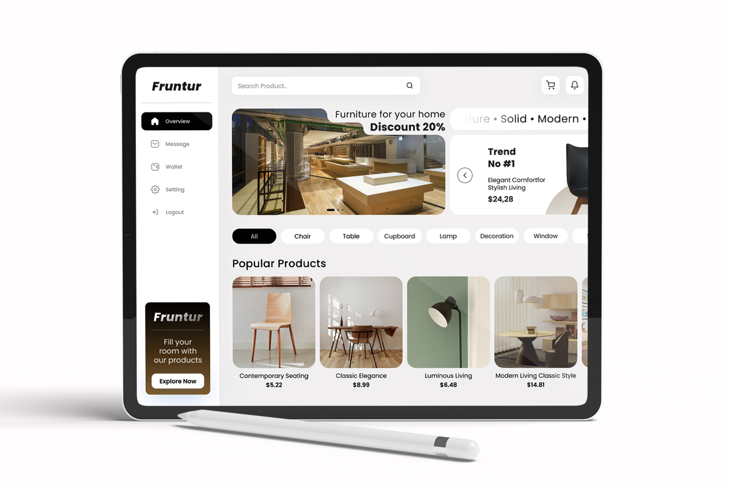 Furniture Dashboard aesthetic branding dashboard decoration elegant furniture home interior landing page marketplace minimalist modern solid tracking trendy uiux wallet