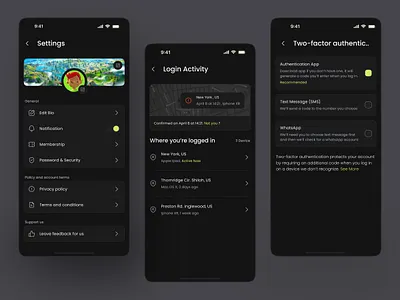 Profile & Settings UI Design activity app clean concept dark design figma flow ios login notification preferences profile security settings ui ui8 uikit ux website