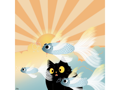Cat Heaven art cat design fish heaven illustration