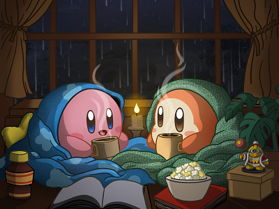 Cozy Kirby & Waddle Dee art coffee cozy cute illustration kirby nintendo waddle dee warm