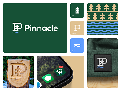 Pinnacle green icons lake logo logo design logo mark logos monogram mountain outdoor pine tree pool tree
