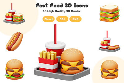 Fast Food 3D Icons Set 3d 3d artwork 3d icon 3d illustration blender blender 3d burger fast food food hot dog icon illustration junk food meal sandwich uiux
