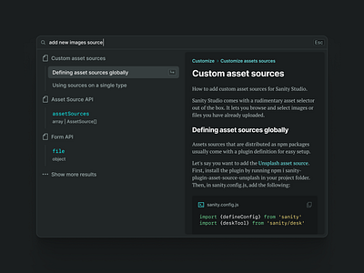 Sanity documentation search articles code command menu command palette dark mode documentation drawer list modal popover search search results