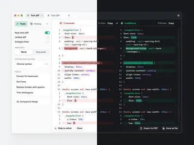 Diffchecker syntax highlighting application code controls dark mode desktop app editor light mode mac navigation programming syntax highlighting