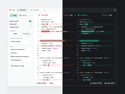 Diffchecker syntax highlighting application code controls dark mode desktop app editor light mode mac navigation programming syntax highlighting