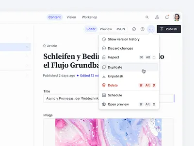 Sanity document context menu app application buttons cms content management context menu dropdown editor editorial minimalistic navbar shortcuts toolbar tools ui user interface