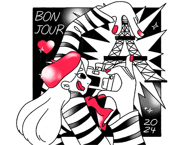 Bonjour Paris 2d adventure art character commercial design digital eiffel tower flat illustration france graphic graphic design illo illustration paris procreate raster tourist trip woman