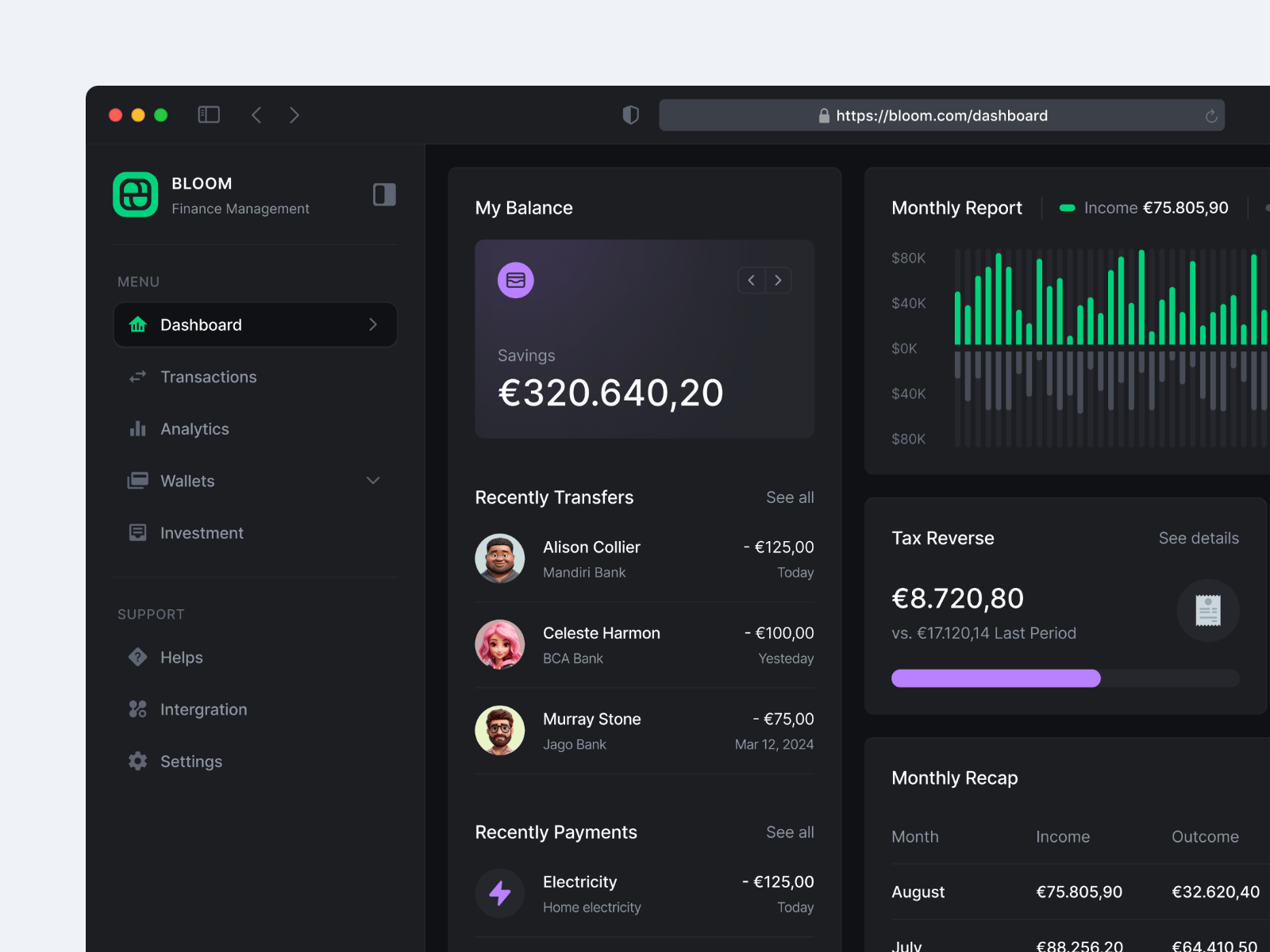 Bloom - Financial Dashboard analytics b2b charts dashboard dipa inhouse finance financial services fintech graphs interaction design modern motion motion design product design saas startup ui ux wealth management web app