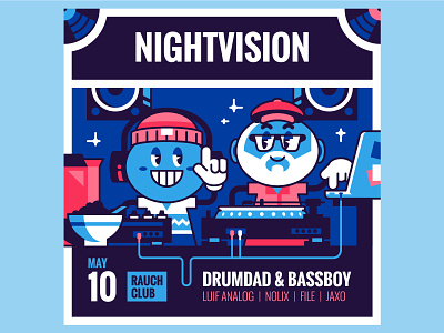 Nightvision Dnb Poster character club design disco dj event flat geometric illustration live music night poster