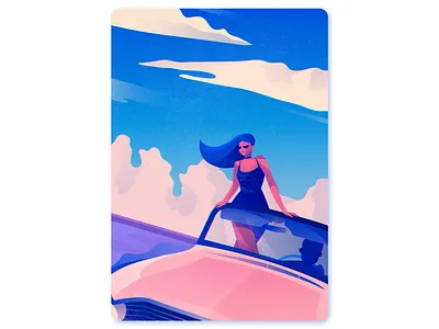 Wind in my hair aesthetic art director artwork book cover car character design design editorial freelance illustrator girl graphic design illustration landscape pink and blue spot illustration summer vector