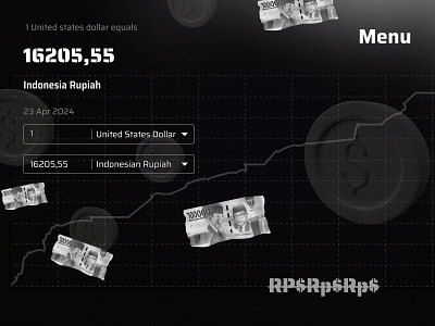 The rupiah depreciated, breaching the 16,000 mark against the US 3d black brutalism dark design dollar illustration money ui