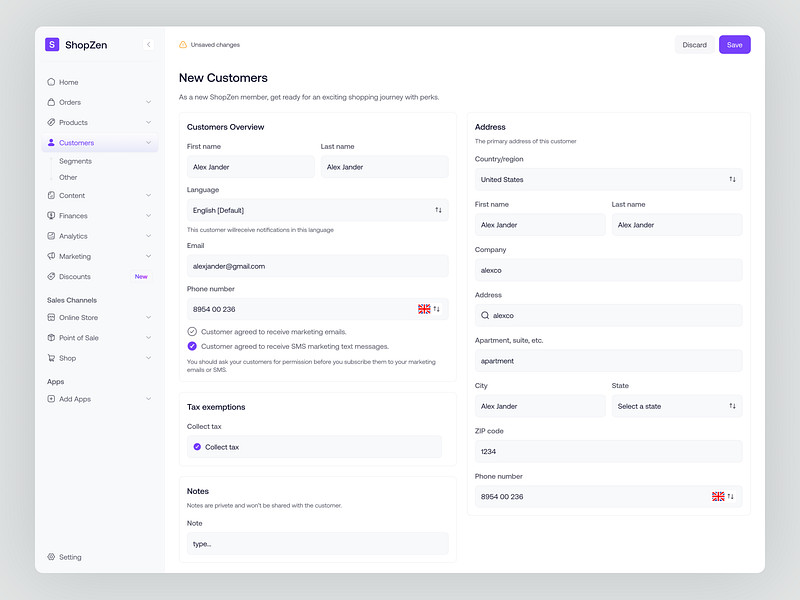 ShopZen - Add Customer Flow adding customer billing create order customer customer list dashboard design e commerce information new customers order info product design saas saas design shipping shopify timeline ui ux web app website