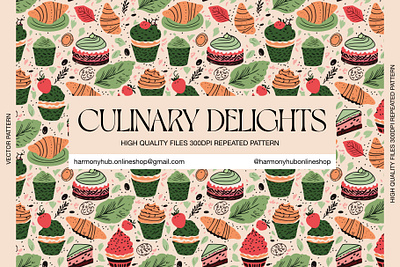 CULINARY DELIGHTS PATTERN bakery cafe cake croissants culinary cupcake food icons illustration muffins pastry pattern restaurant