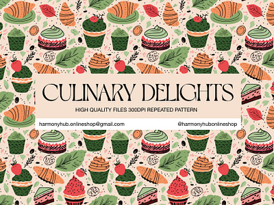 CULINARY DELIGHTS PATTERN bakery cafe cake croissants culinary cupcake food icons illustration muffins pastry pattern restaurant