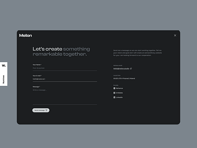 Minimalistic Contact Page - Melon.Studio © 2024 animations black brand brand design brand identity branding dark dark mode design designer portfolio gsap logo minimalistic personal portfolio portoflio ui ui design ux ux design