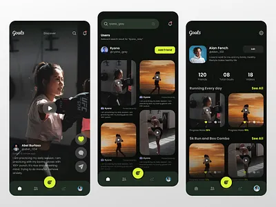 Fitness mobile application UI design app design black boxing app branding dark green dark mode fitness app glassmorphism home page mobile mobile app design mobile ui poppins profile page ui ux yellow green