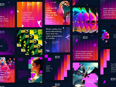 Moonvalley AI Social Media ai ai startup animation brand identity branding cyberpunk generative ai gradient graphic design identity logo moonvalley motion graphics neon social media social media design startup branding text to video