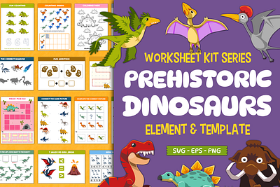 Worksheet Kit Dinosaurs animal cartoon character children illustration clipart cute design dino dinosaur education element illustration kids illustration kit prehistoric template vector worksheet