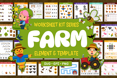 Worksheet Kit Farm animal cartoon character children illustration clipart cute design education element farm farmer illustration kids illustration template vector worksheet